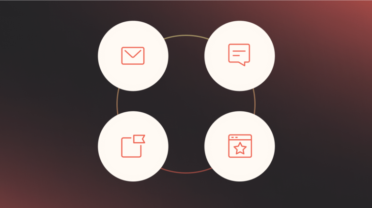 Icons for email, SMS, mobile push, and reviews all placed on a circle showing that they're all connected.
